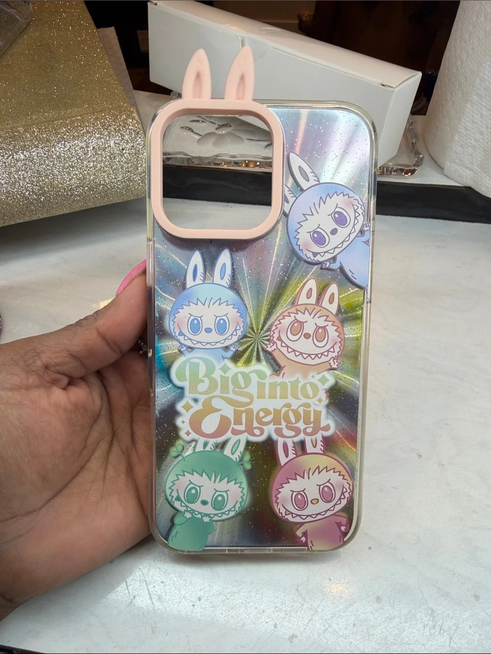 Holographic Bunny Character Phone Case 16 pro max with Pink Trim